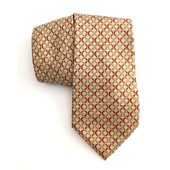 VTG Celine 100% Silk Tie Allover C Logo Print Made in Italy Dk Gold/Burgundy - Picture 1 of 7